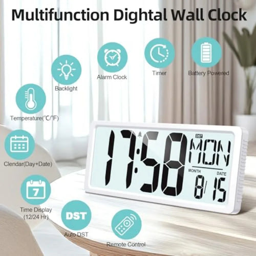 Large Digital Wall Clock Battery Operated with Backlight, 15" LED Large Display Timer with Temperature Date Week Auto DST Adjus