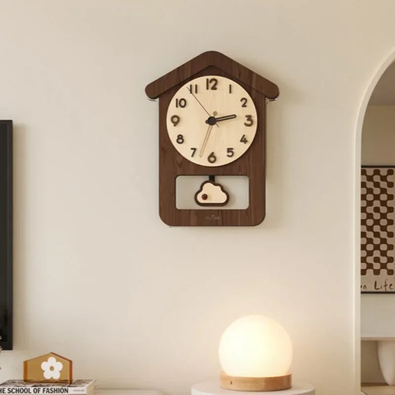 House-Shaped Wooden Wall Clock Children's Room Decor Simple Living Room Wall Clock Artistic Timepiece Great for Kids' Rooms