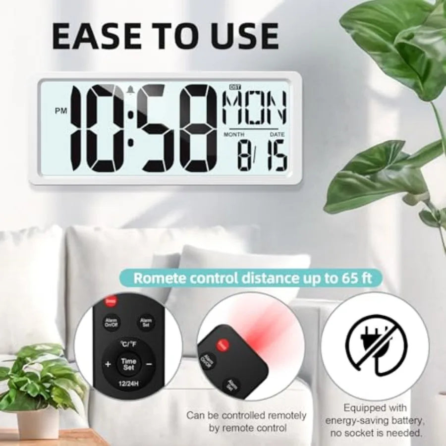 Large Digital Wall Clock Battery Operated with Backlight, 15" LED Large Display Timer with Temperature Date Week Auto DST Adjus