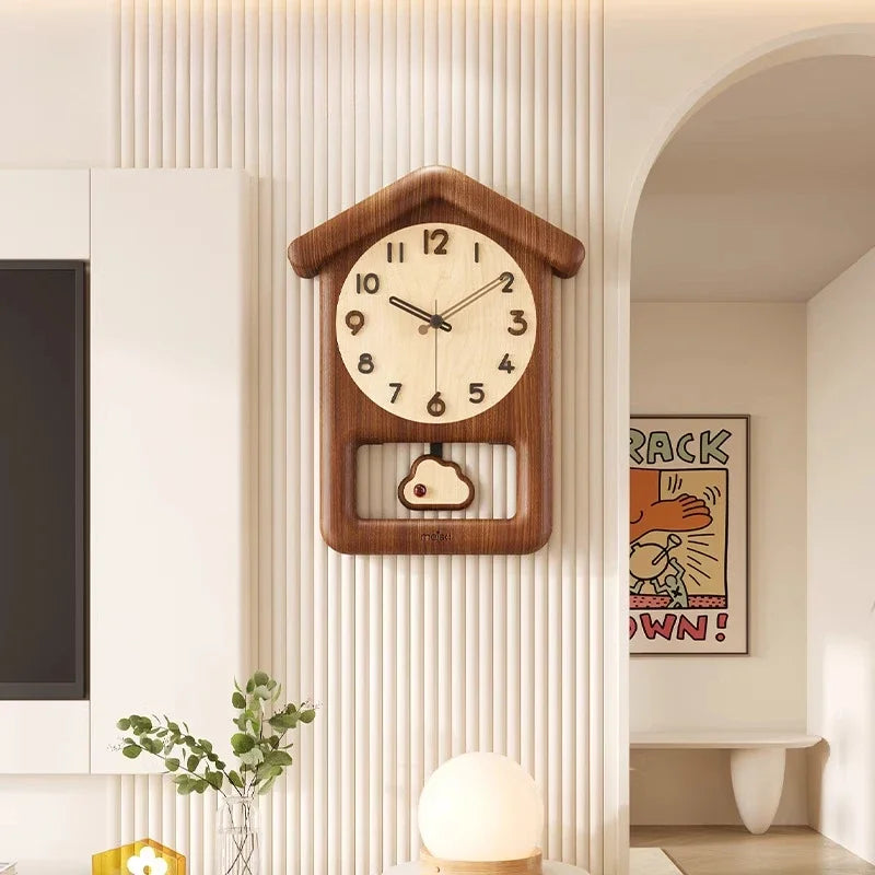 House-Shaped Wooden Wall Clock Children's Room Decor Simple Living Room Wall Clock Artistic Timepiece Great for Kids' Rooms